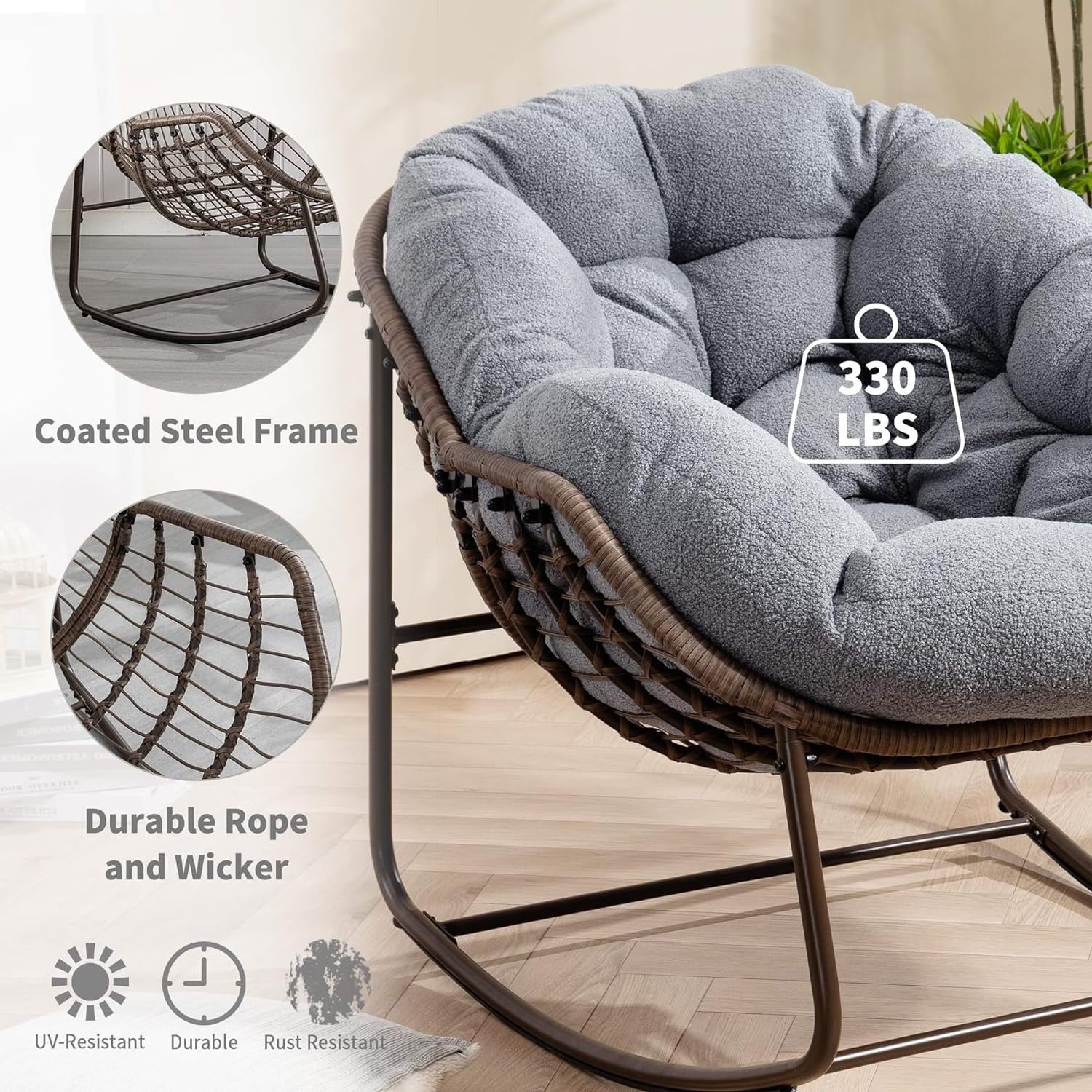 HOMECOME Oversized Comfy Royal Egg Rocking Chair Double Rattan Indoor/Outdoor Front Porch Lawn Bedroom Comfortable Set Garden