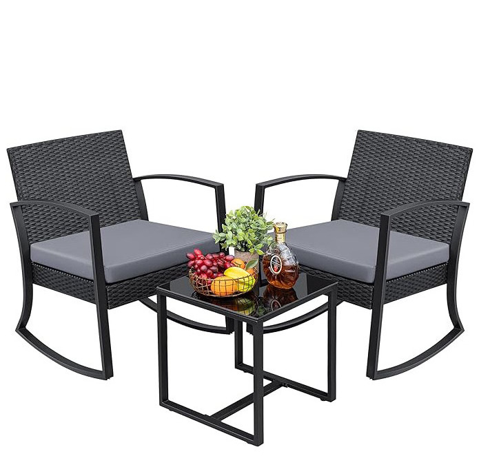 Homecome high quality 3 pieces patio furniture set  wicker rattan rocking chair outdoor bistro set with glass coffee top