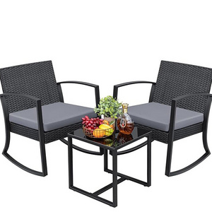 Homecome high quality 3 pieces patio furniture set  wicker rattan rocking chair outdoor bistro set with glass coffee top