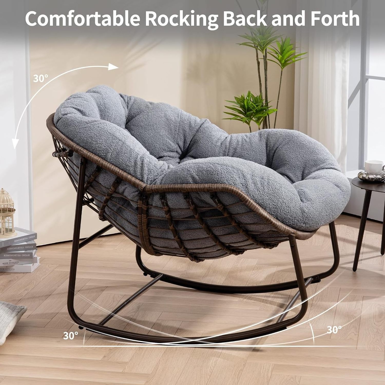 HOMECOME Oversized Comfy Royal Egg Rocking Chair Double Rattan Indoor/Outdoor Front Porch Lawn Bedroom Comfortable Set Garden