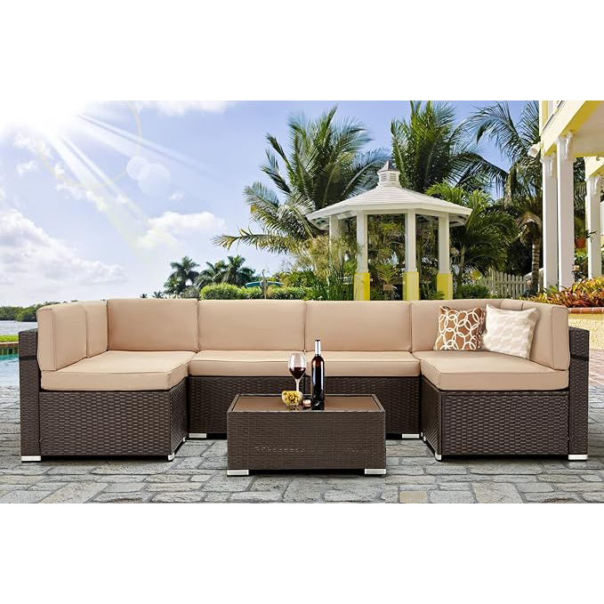 Factory 7 Piece Outdoor Patio Furniture Set, PE Rattan Wicker Sofa Set