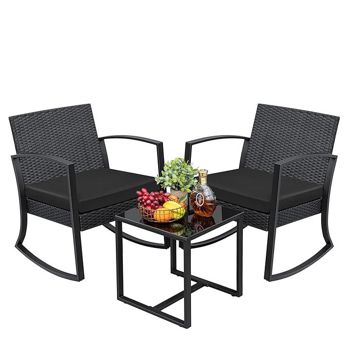 Homecome high quality 3 pieces patio furniture set  wicker rattan rocking chair outdoor bistro set with glass coffee top