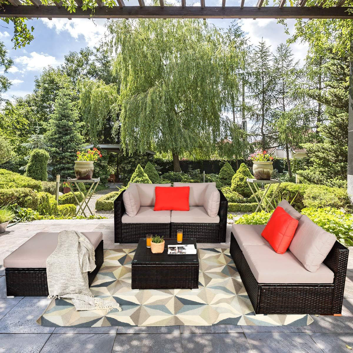 Homecome Relaxing Patio Sectional Rattan Sofa Set Modern Outdoor Garden Furniture with comfort cushions for poolside lawn