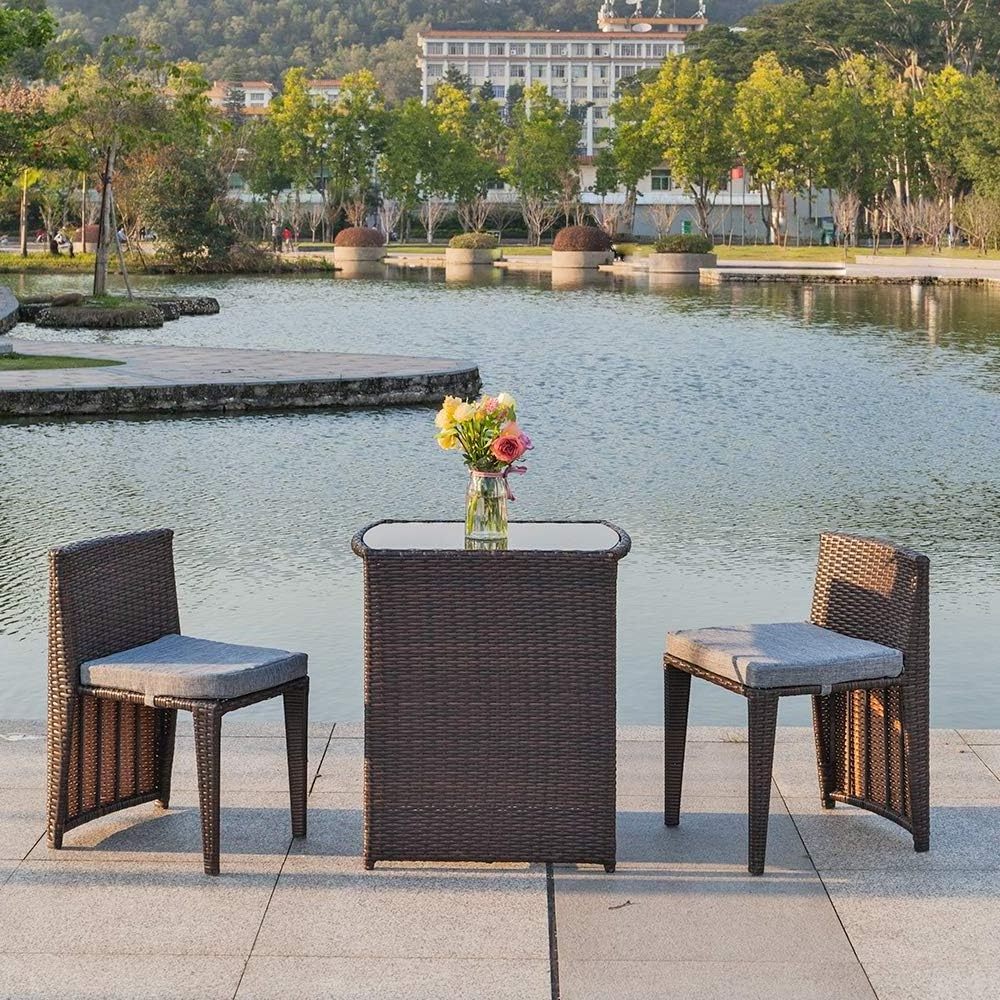 3 PCS Wicker Outdoor Patio Bistro Set Small Space  with Glass Top Table Dining Chairs for outdoor rattan furniture