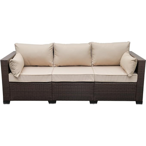 Homecome Modern 3-Seat Patio Couch PE Wicker Rattan Sofa Brown Outdoor Deep Seating Furniture with Non-Slip Beige Cushion