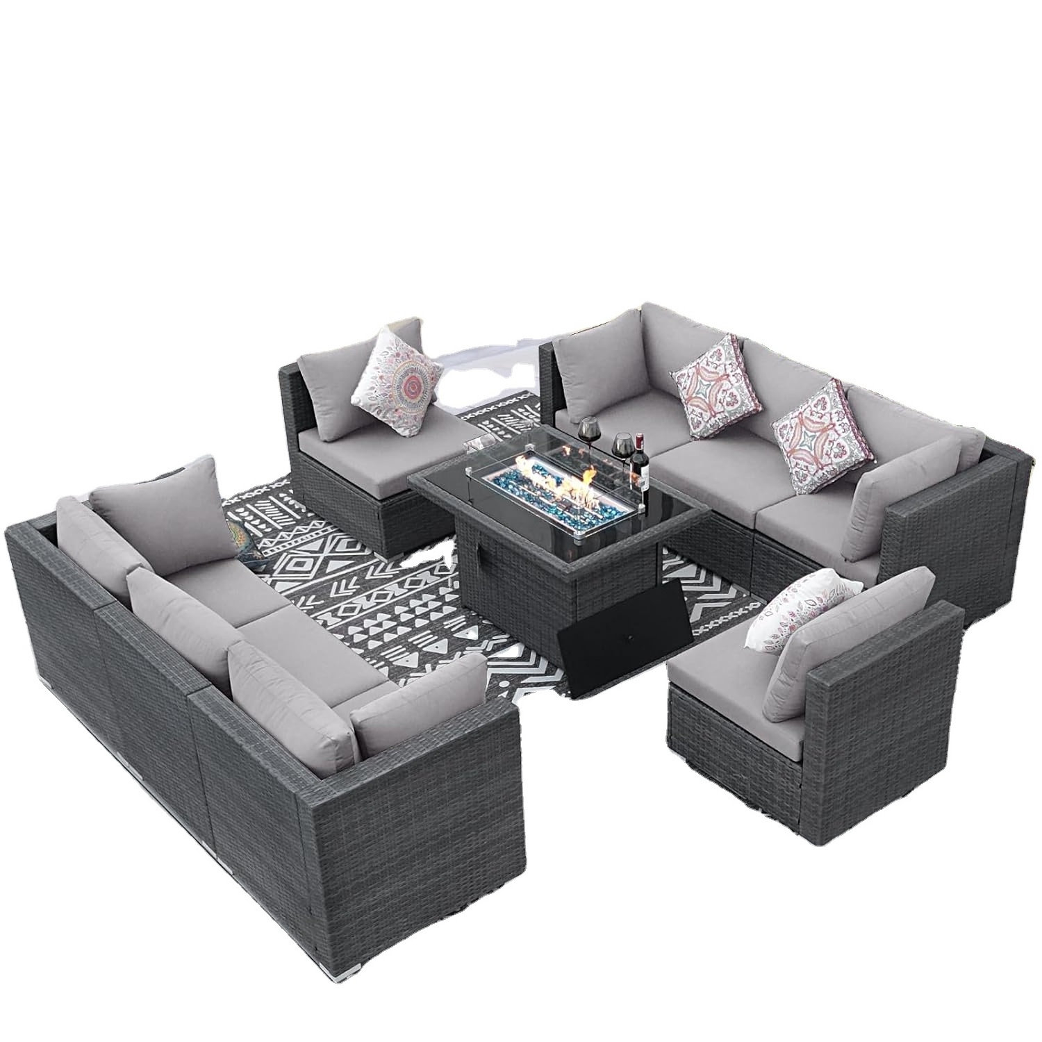 Factory Direct Supply  Sectional Conversation Sofa Set with Fire Pit Table, Garden Sets Patio Outdoor Furniture Sofa Set Rattan