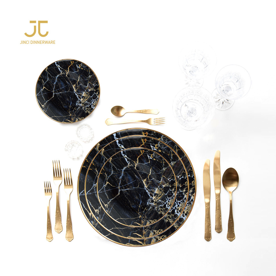 Jinci Luxury Wedding Restaurant Marble Gold Rim Tableware Wholesale Bone china Dinner Set