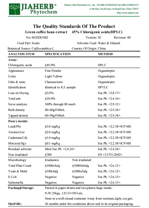 Jiaherb Supply  Green coffee bean/Coffea arabica  extract Chlorogenic Acid 45% Kosher Halal Certified from China