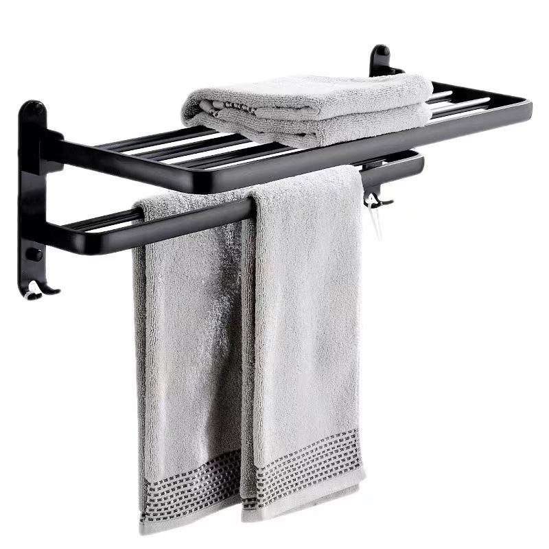 Aluminium Bathroom Lavatory Towel Rack with Double Towel Bars & with Hooks 24inch Towel Shelf  (Matte Black)