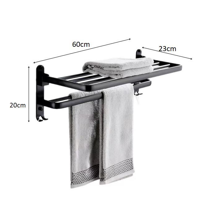 Aluminium Bathroom Lavatory Towel Rack with Double Towel Bars & with Hooks 24inch Towel Shelf  (Matte Black)