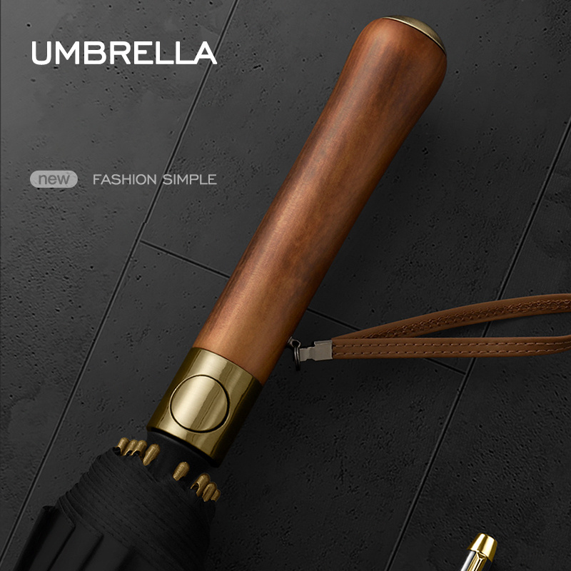 Factory Wholesale  16K 25 Inch Golf Umbrella Automatic Opening Custom Logo Prints Promotional Umbrella Wooden Handle