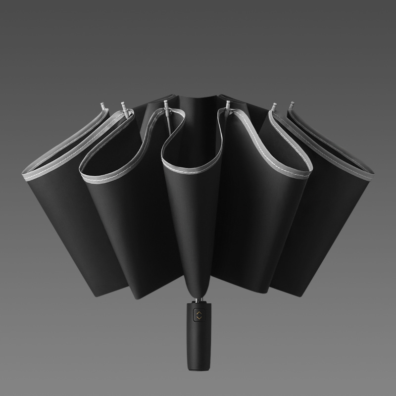 Portable 10 Rib 23 Inch Reverse Automatic 3 Folding Umbrella With Silver Strip Anti- Wind Storm Umbrella with Waterproof