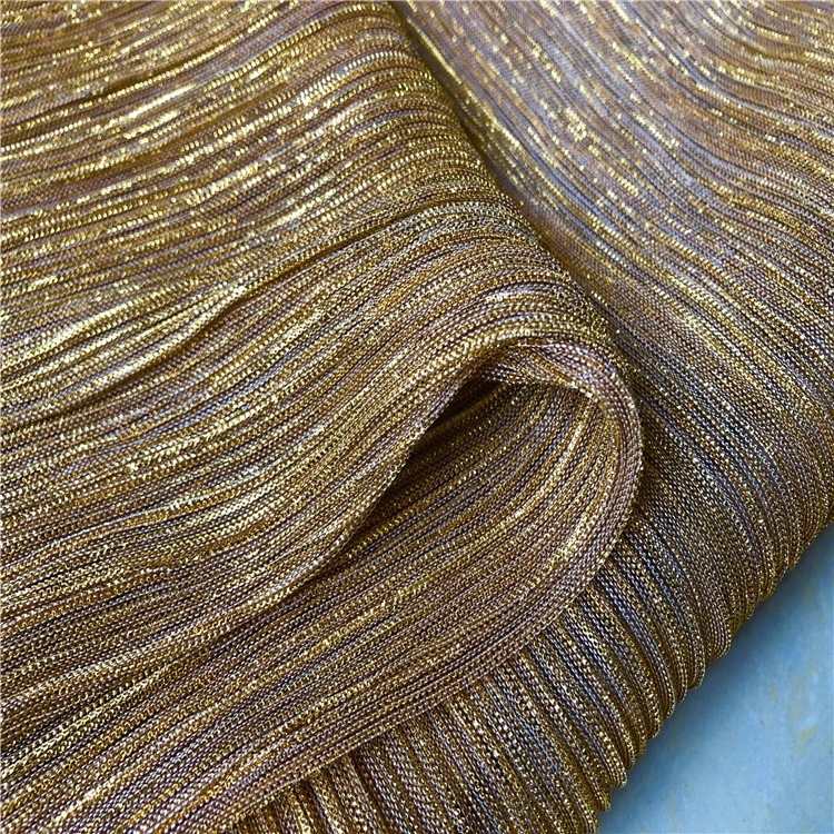 Eco-friendly Gold Metallic Stretch Moonlight Shimmer Glitter Knitted Shiny Elastic Crinkle Pleated Crepe Mesh Fabric with Lurex