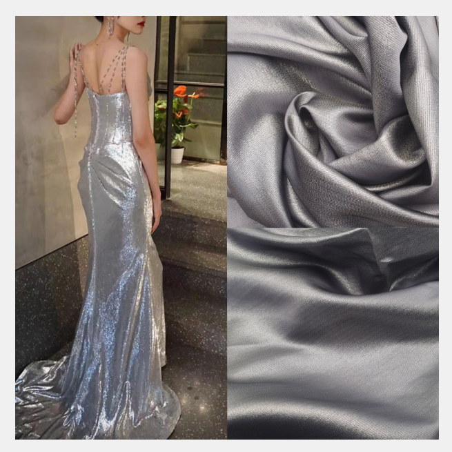 Eco-friendly Luxury Lurex Glossy Gradient Metallic Silver Crystal Shiny Luster Liquid GAZA Organza Bridal Satin Fabric for Wedding Dress