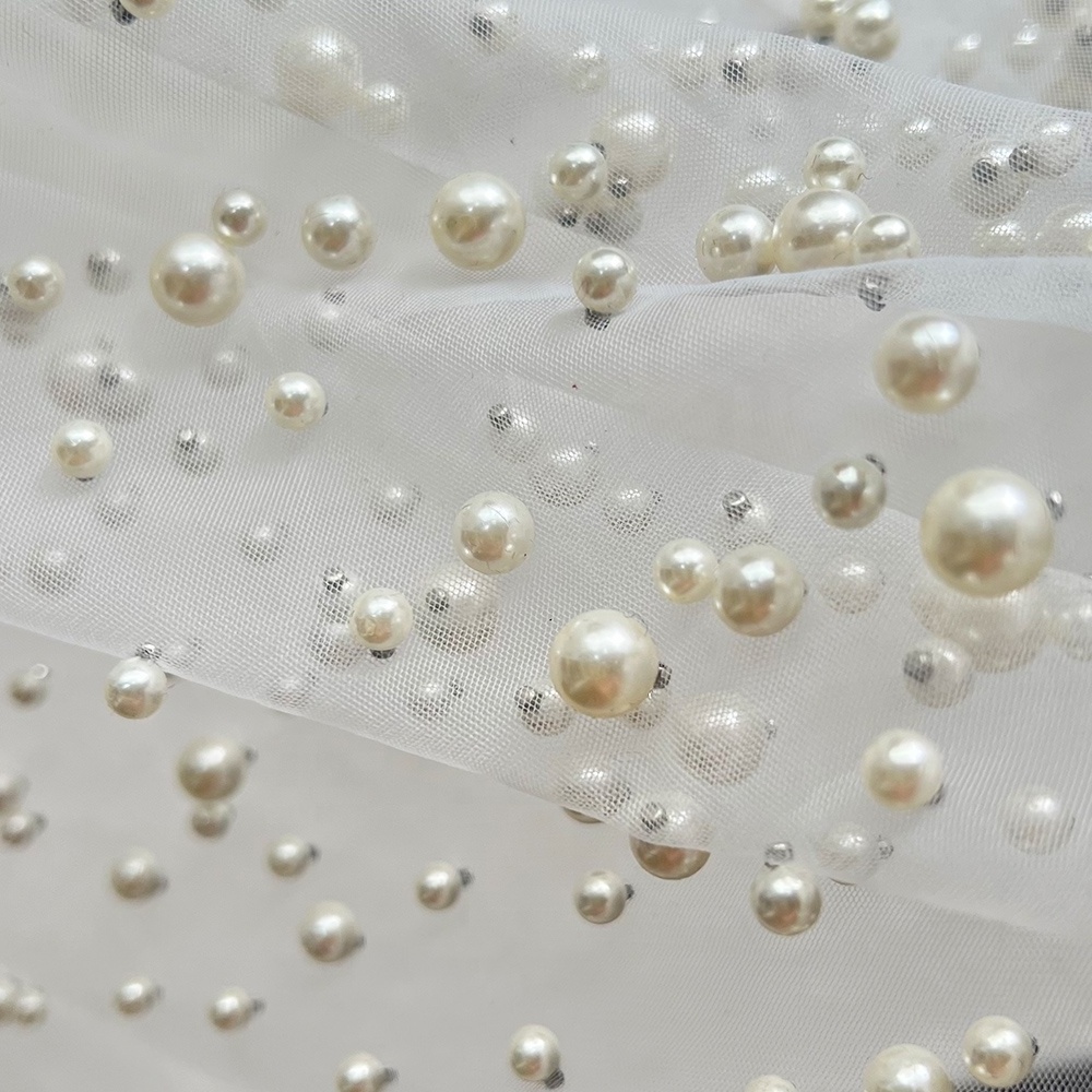 High quality heavyweight bridal shiny beaded pearl tulle fabric pearl mesh net white lace fabric for wedding dress