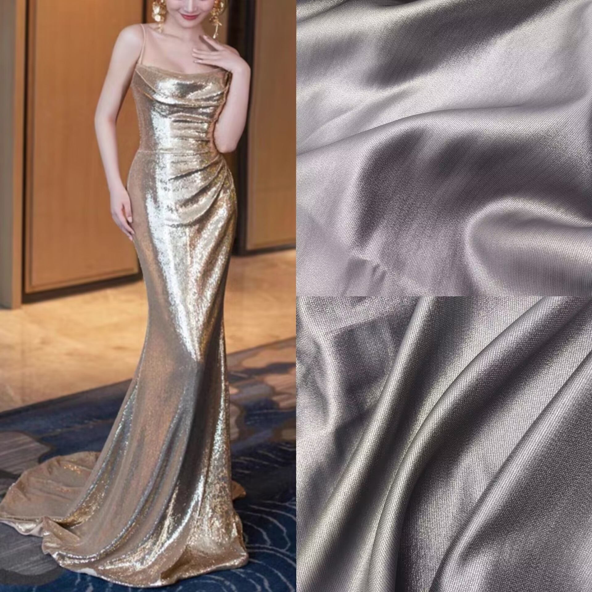 Eco-friendly Luxury Lurex Glossy Gradient Metallic Silver Crystal Shiny Luster Liquid GAZA Organza Bridal Satin Fabric for Wedding Dress