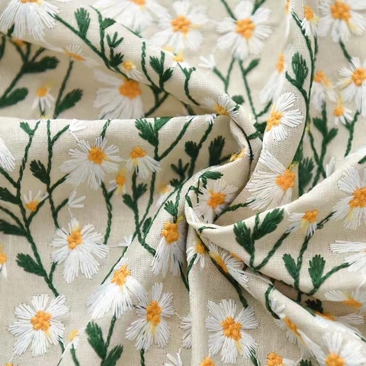 Embroidered Daisy Linen Ramie Swiss Cotton voile lace Small Daisy fresh plant colorful embroidery linen fabric home dress fabric