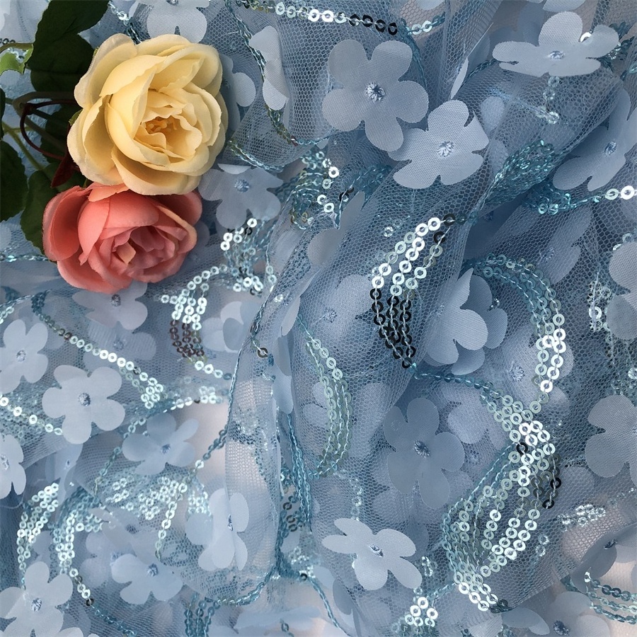 New Design Hot Sale Beautiful Design 3D Flower Net Wildflower Tulle Blue Mesh Embroidered Floral Fabric