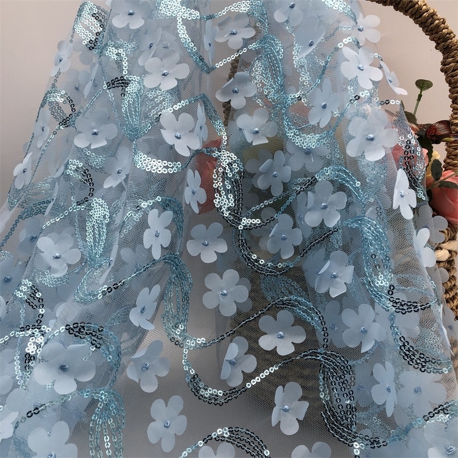 New Design Hot Sale Beautiful Design 3D Flower Net Wildflower Tulle Blue Mesh Embroidered Floral Fabric