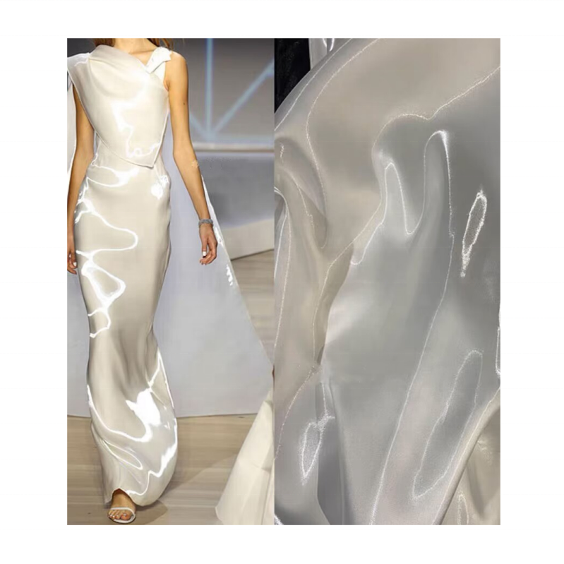 Bridal gradient silver Luxury Shiny Metallic Reflective 100% Polyester Liquid High-end Organza Bright Satin Fabric for dress