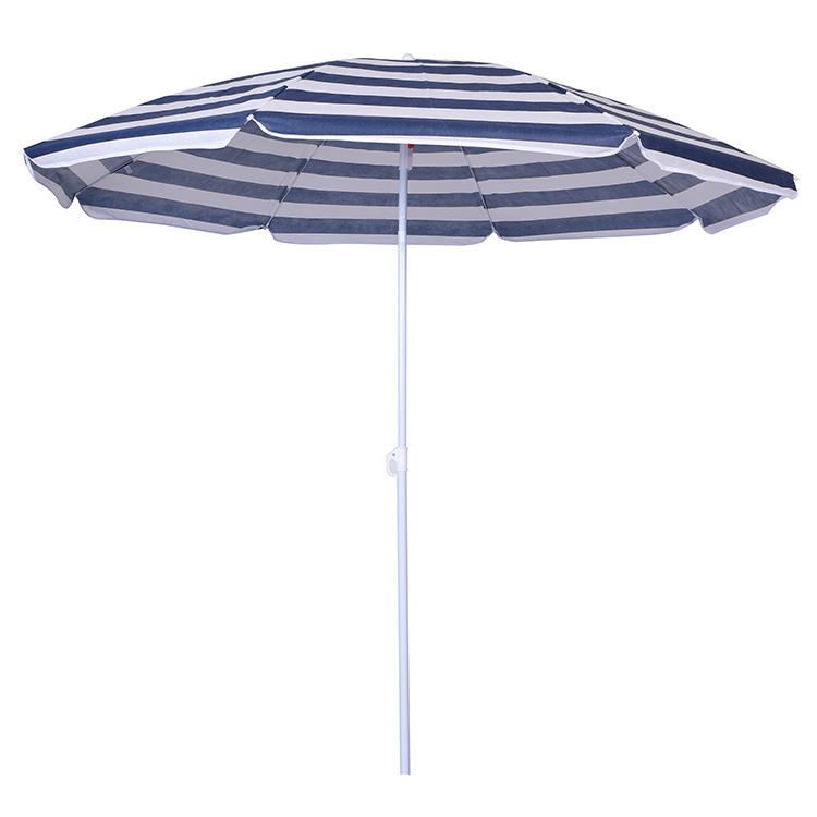 OEM Service Outdoor Parasols UV Protection White Navy Blue Stripe Pattern Beach Umbrella with Carry Bag