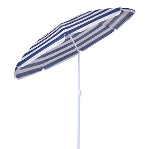 OEM Service Outdoor Parasols UV Protection White Navy Blue Stripe Pattern Beach Umbrella with Carry Bag