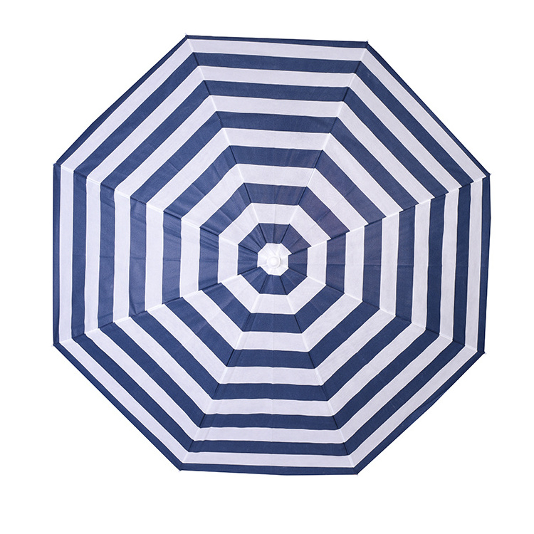 OEM Service Outdoor Parasols UV Protection White Navy Blue Stripe Pattern Beach Umbrella with Carry Bag