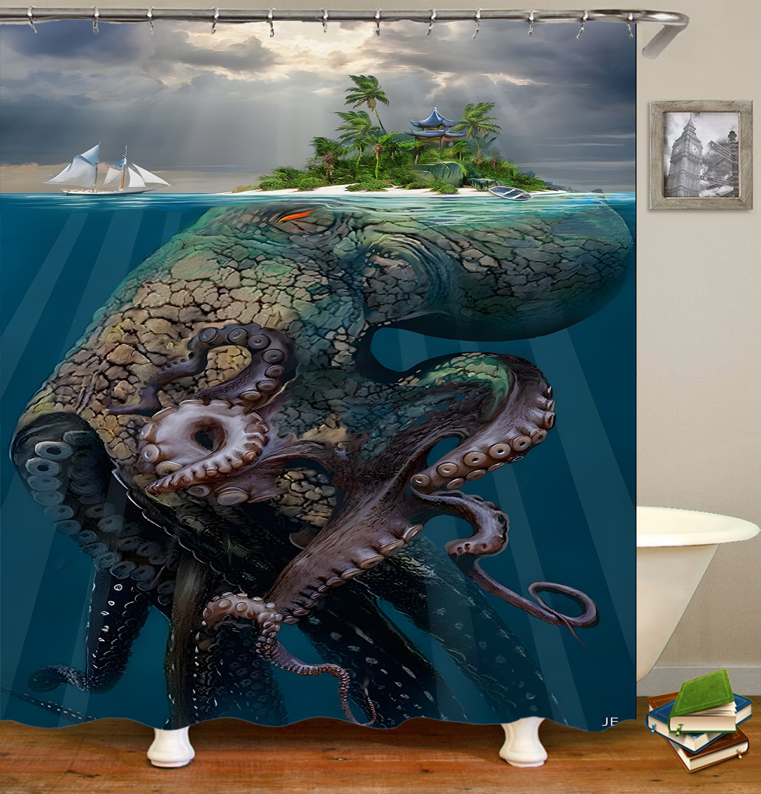 JA Bathroom Underwater World 3D Octopus Deluxe Bathtub Shower Curtain Waterproof Washable Fabric Shower Curtain with 12 Hooks