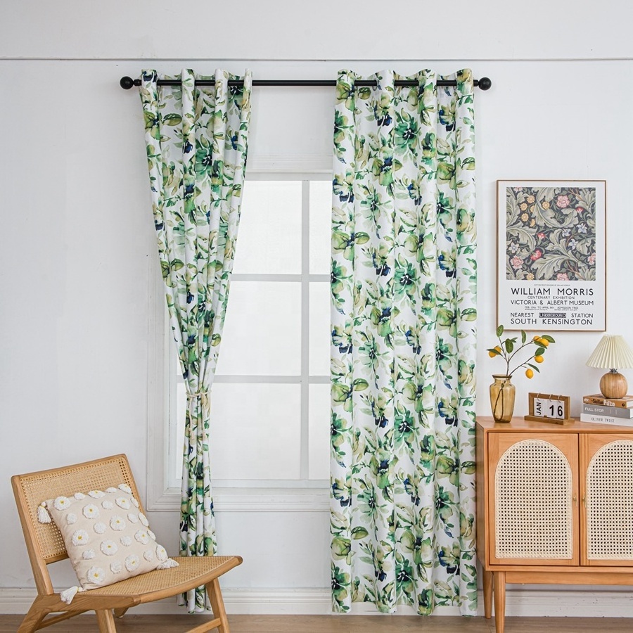 Hot Sale Fashion Bedroom Soft Polyester Printed Green Velvet Light Shading Window Curtains For Home