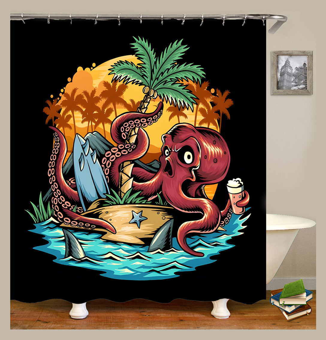 JA Bathroom Underwater World 3D Octopus Deluxe Bathtub Shower Curtain Waterproof Washable Fabric Shower Curtain with 12 Hooks