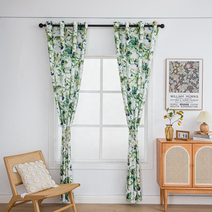 Hot Sale Fashion Bedroom Soft Polyester Printed Green Velvet Light Shading Window Curtains For Home