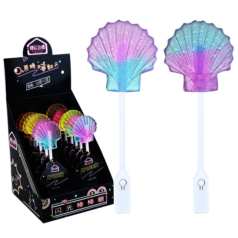 OEM Glitter Lollipop Eatable Private Label Vegan Light Stick Shell Shape Lollipop