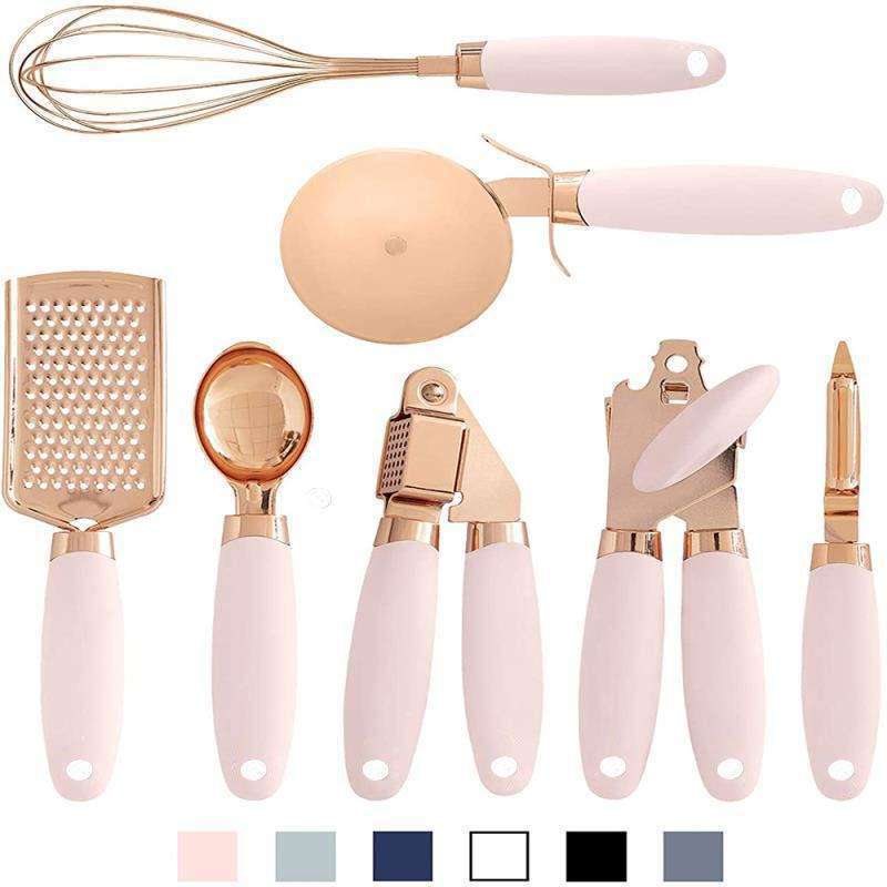 7 Pcs Rose Gold Silicone Kitchen Gadget Tool Set Pizza Cutter Can Opener Egg Beater Cheese Grater Ice Cream Scoop Garlic Press