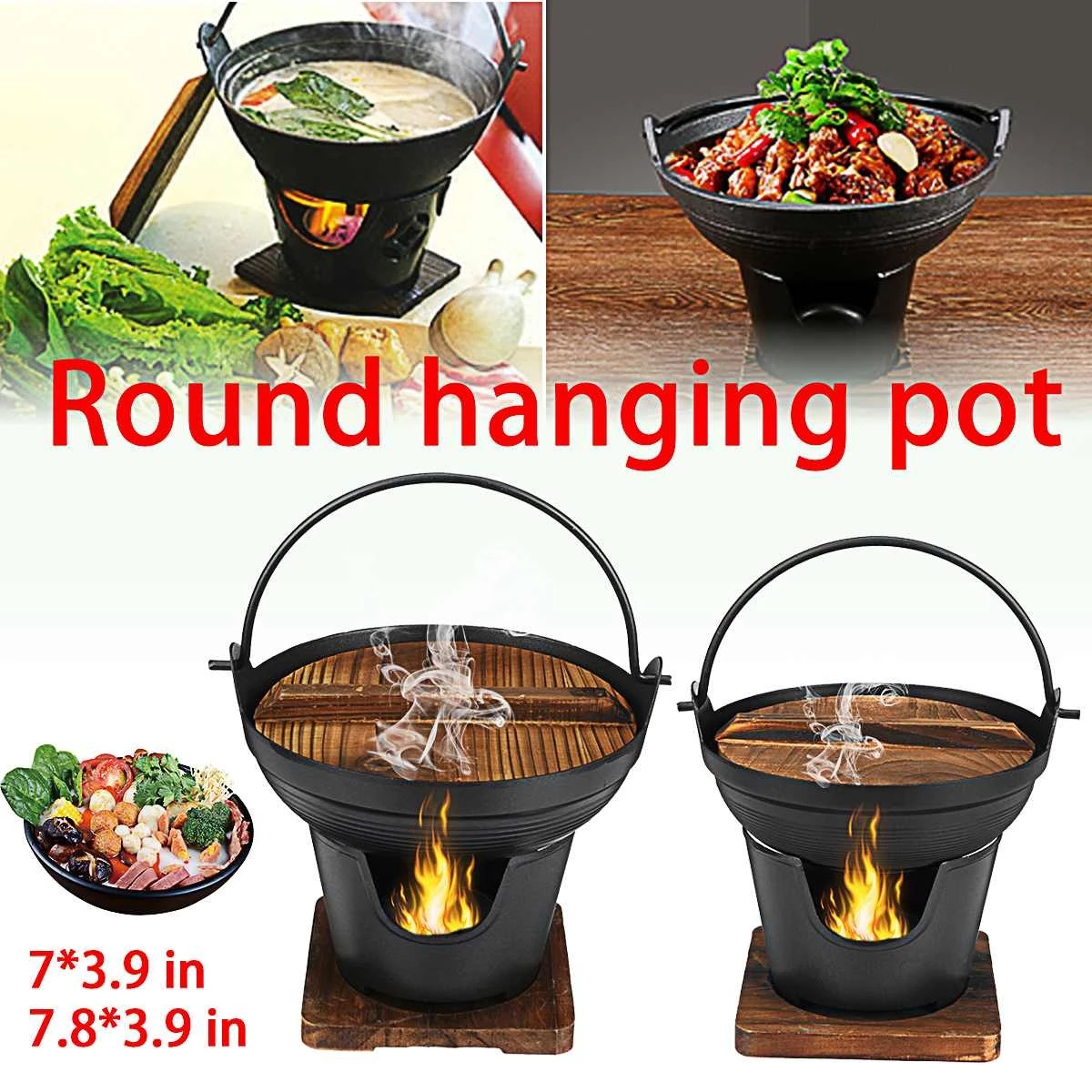 Camping Hiking Cast Iron Soup Pot Cookware Picnic Tableware Outdoor Pot Stove Japanese Round Hanging Pot