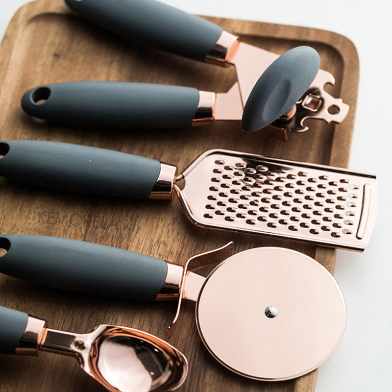 7 Pcs Rose Gold Silicone Kitchen Gadget Tool Set Pizza Cutter Can Opener Egg Beater Cheese Grater Ice Cream Scoop Garlic Press