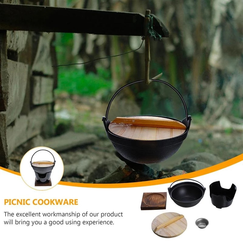 Camping Hiking Cast Iron Soup Pot Cookware Picnic Tableware Outdoor Pot Stove Japanese Round Hanging Pot