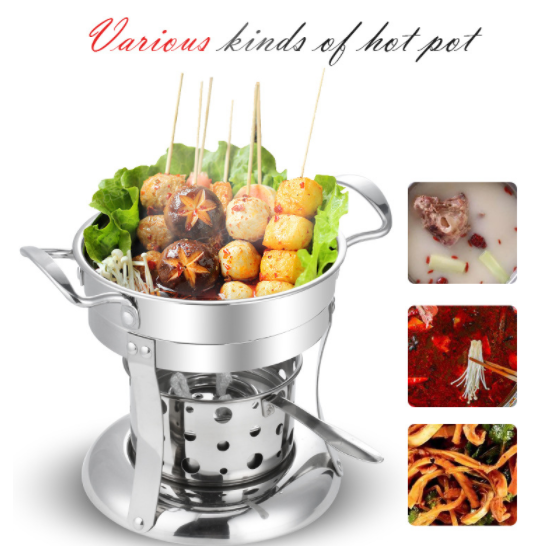 New DIY Stainless Steel Mini Cooking Hot Pot With Alcohol Burner & Lid Kitchen Cooking Tools Winter Party Cookware for Camping