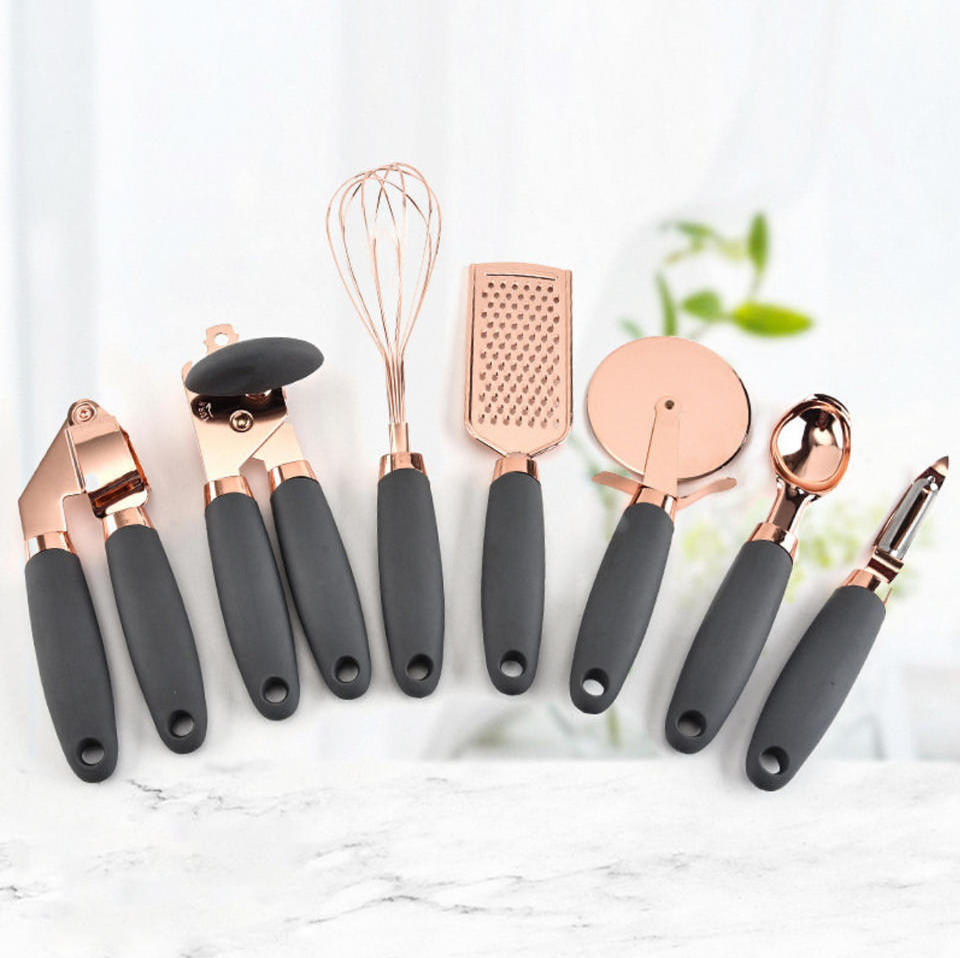 7 Pcs Rose Gold Silicone Kitchen Gadget Tool Set Pizza Cutter Can Opener Egg Beater Cheese Grater Ice Cream Scoop Garlic Press