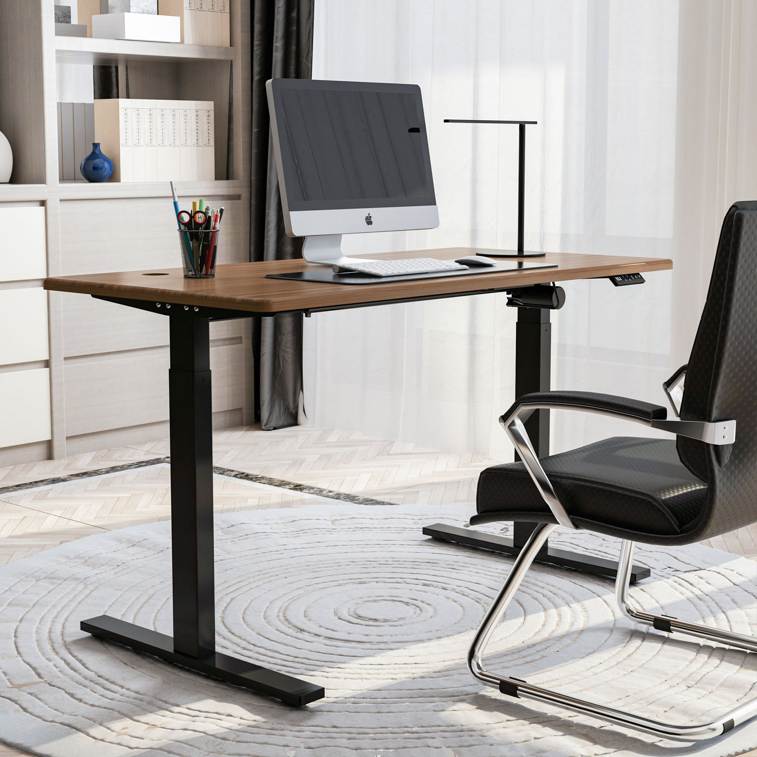 Office Luxury Electric Single Motor Desk Sit And Standing Up Computer Lift Desk White Frame Adjustable Height