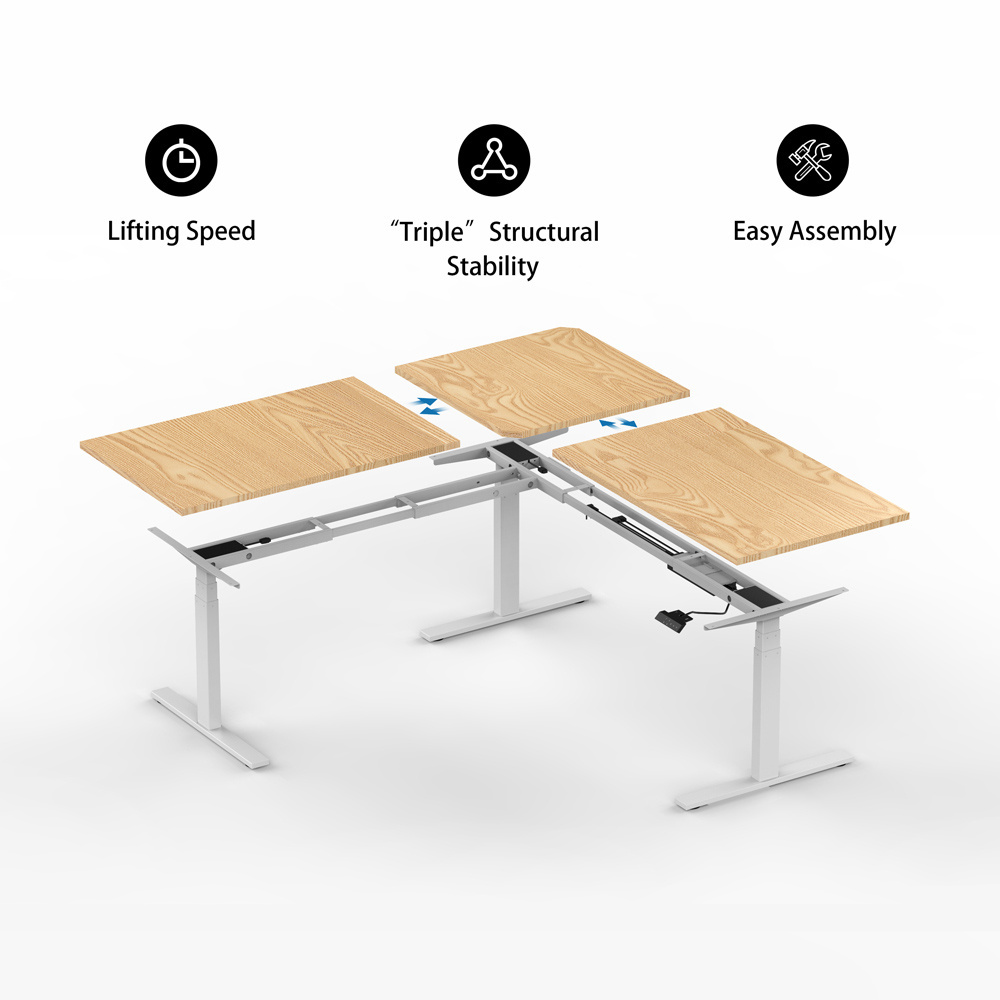 L Shape Adjustable Height Standing Computer Desk Frame Electric Smart Height Adjustable Table 3 Legs Ergonomic Stand Up Desk