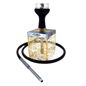 8" Portable Golden Luxury Cube Acrylic Hookah Set Square Sheesha Electric Hookah With LED