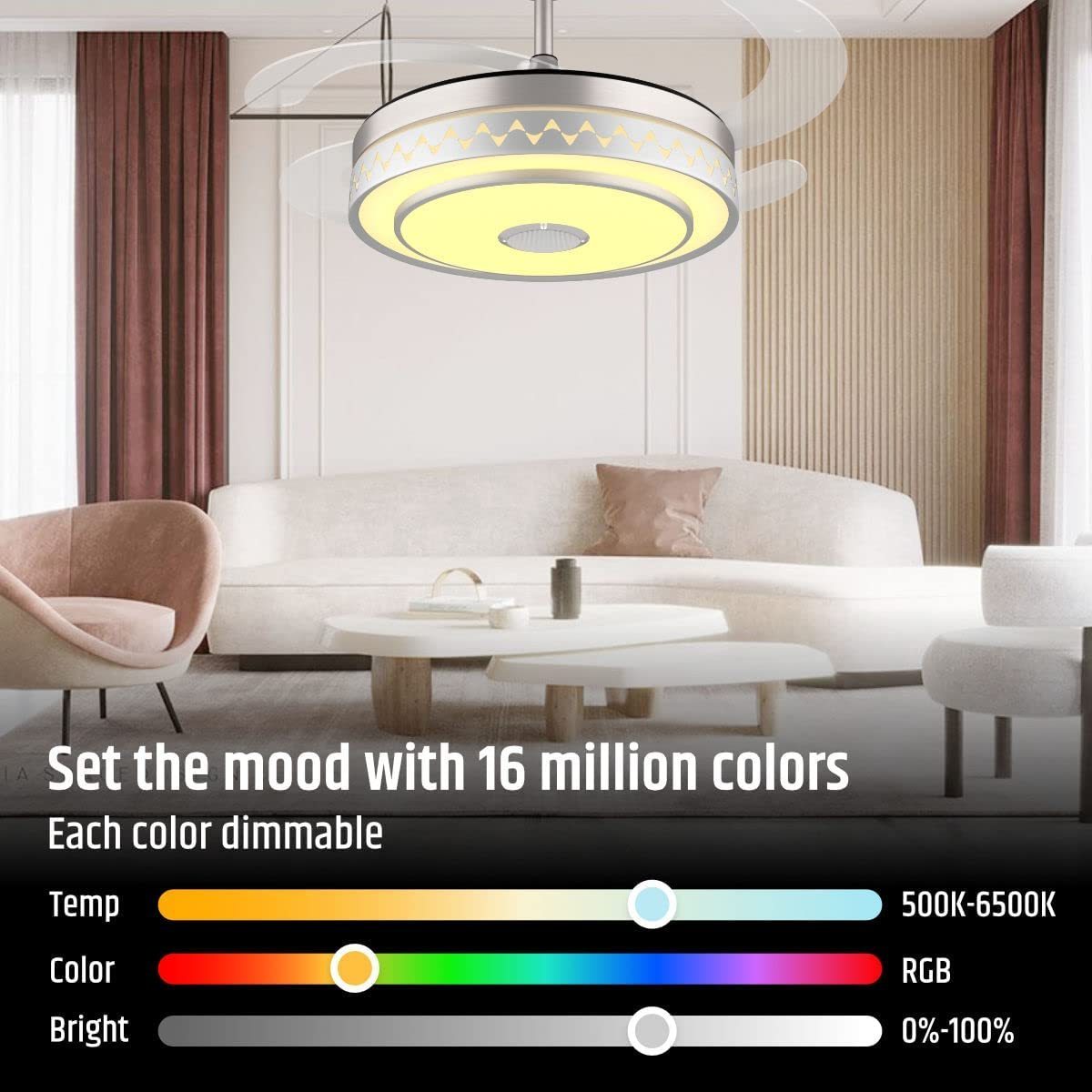 fancy modern LED SX7080 RGB Speark changeable App control retractable smart ceiling fan with light