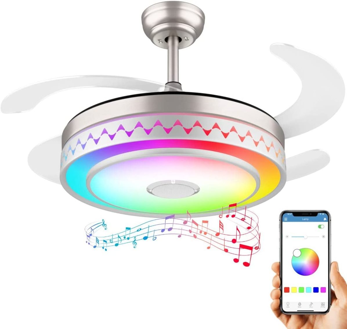 fancy modern LED SX7080 RGB Speark changeable App control retractable smart ceiling fan with light