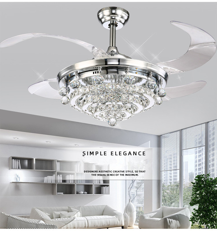 2023 Crystal Ceiling Fan Light Invisible retractable blade fan chandelier 3-Color Change High light transmission LED Fan Lamp