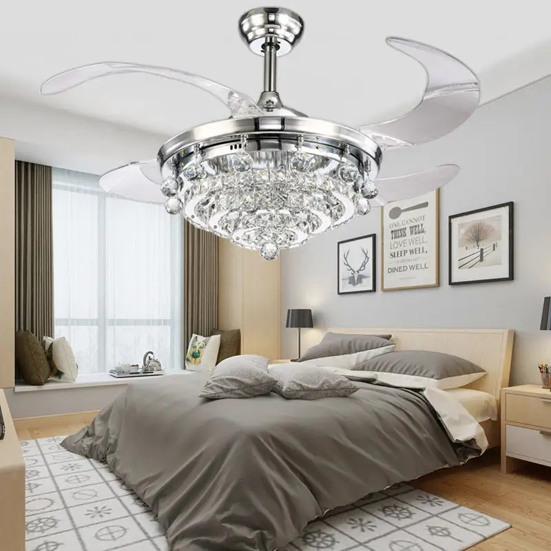 2023 Crystal Ceiling Fan Light Invisible retractable blade fan chandelier 3-Color Change High light transmission LED Fan Lamp