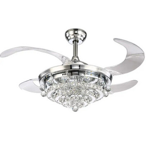 2023 Crystal Ceiling Fan Light Invisible retractable blade fan chandelier 3-Color Change High light transmission LED Fan Lamp