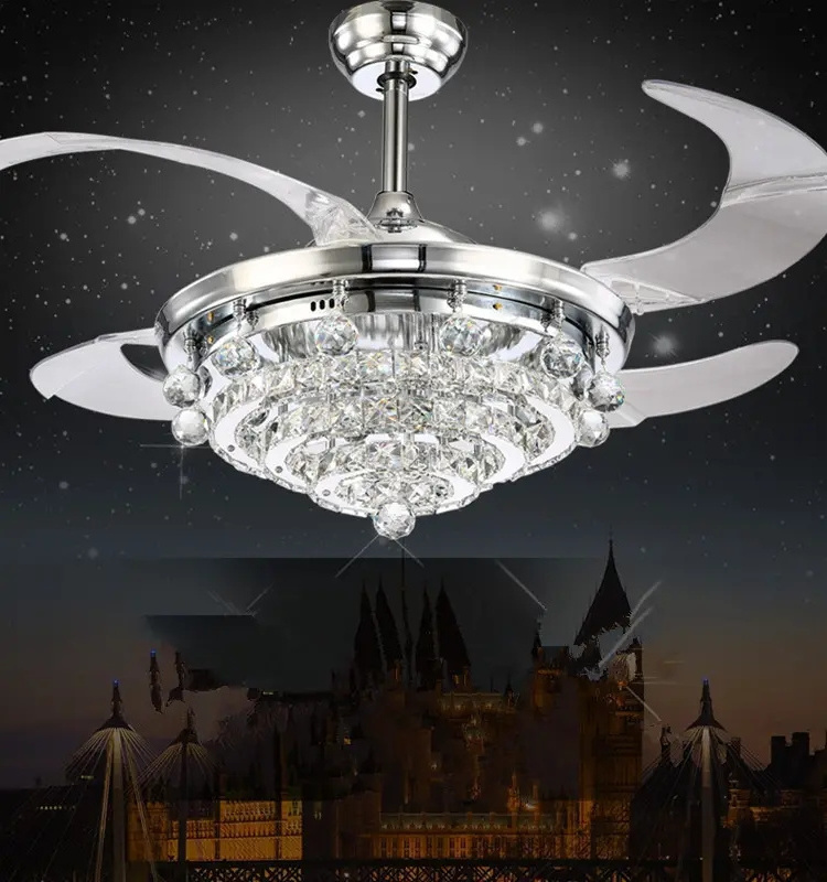 2023 Crystal Ceiling Fan Light Invisible retractable blade fan chandelier 3-Color Change High light transmission LED Fan Lamp