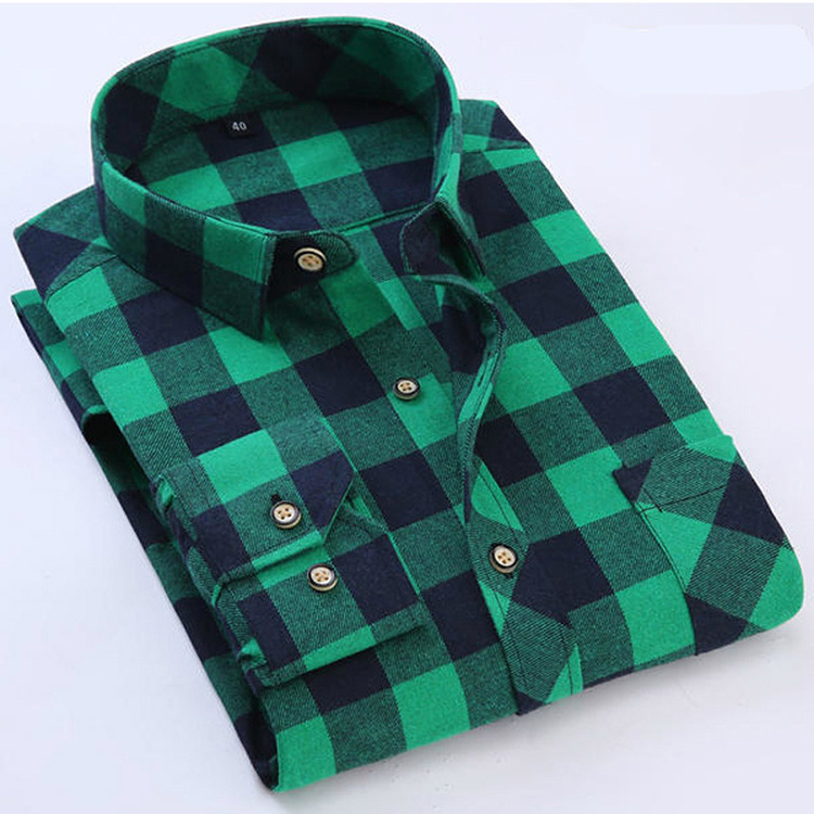 Custom Wholesale Clothing Casual Wear Breathable Red Green Long Sleeve Pocket Flannel Plaid Check Shirts For Mens