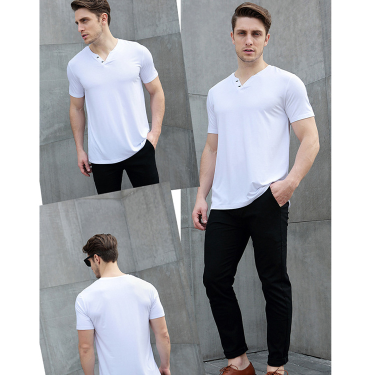 Manufacturers Wholesale New Summer Bamboo 5% Spandex Fabric Men's  V Collar Comfortable Short Sleeve T-shirts With Button