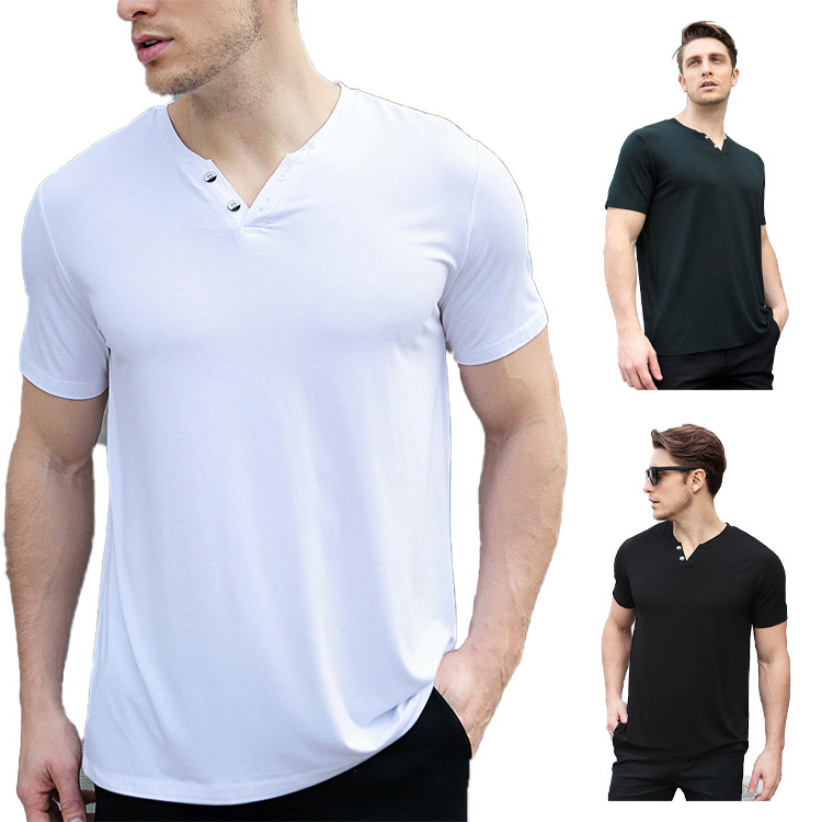 Manufacturers Wholesale New Summer Bamboo 5% Spandex Fabric Men's  V Collar Comfortable Short Sleeve T-shirts With Button